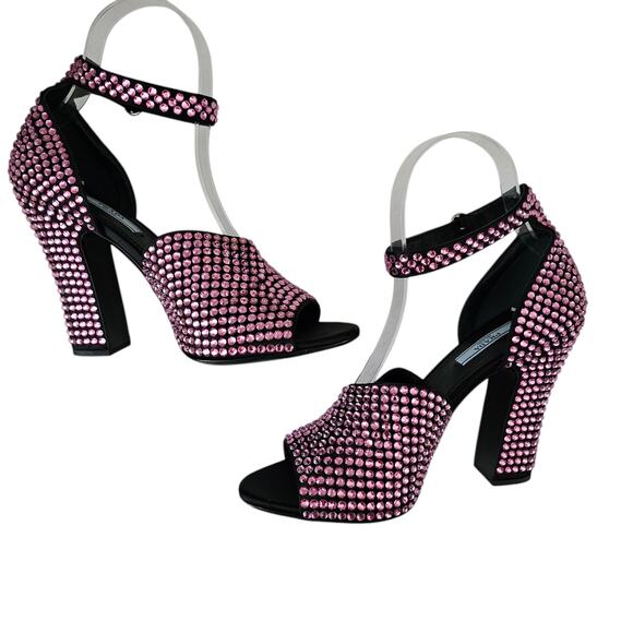 Prada Crystal Embellished Pink Ankle Strap Heel Sandal Size 39.5 US 9.5 Open Toe - Picture 4 of 9